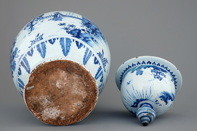 A massive blue and white Delftware chinoiserie jar and cover, Nevers, 17th C.