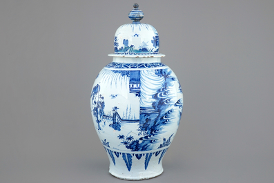 A massive blue and white Delftware chinoiserie jar and cover, Nevers, 17th C.