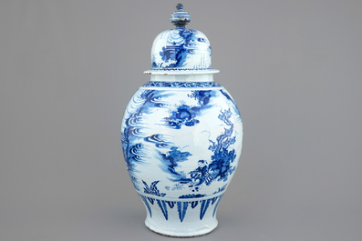 A massive blue and white Delftware chinoiserie jar and cover, Nevers, 17th C.