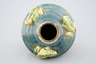 A Flemish pottery Art Nouveau vase with frogs, signed MP for Maes, Torhout, 20th C.