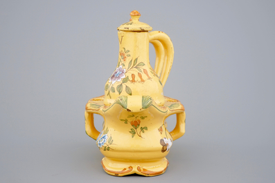 3 Dutch Delft plates and a French faience oil and vinegar set, 18/19th C.