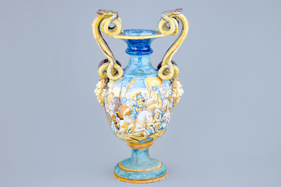 A tall Italian maiolica two-handled vase, 19th C.
