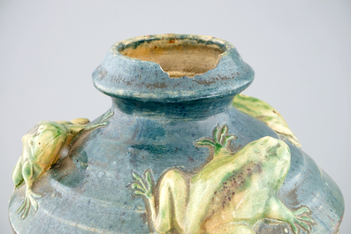 A Flemish pottery Art Nouveau vase with frogs, signed MP for Maes, Torhout, 20th C.