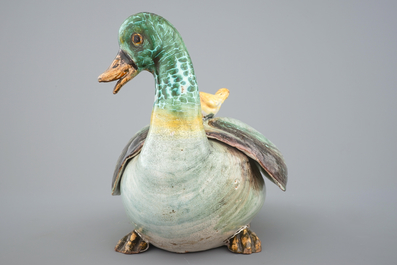 A polychrome duck-shaped tureen and cover, prob. Brussels, 18th C.