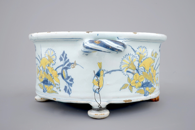 A Dutch Delft spice box with birds among foliage, 17th C.