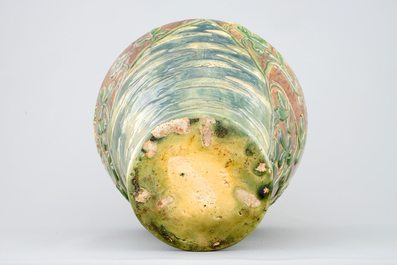 A Flemish pottery Art Nouveau vase with frogs, signed MP for Maes, Torhout, 20th C.