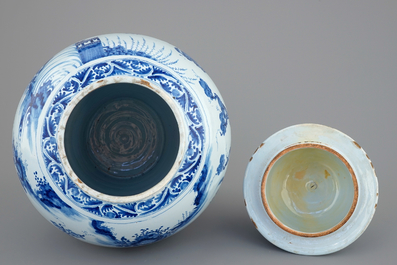 A massive blue and white Delftware chinoiserie jar and cover, Nevers, 17th C.