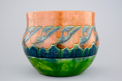 An art nouveau jardiniere, Flemish pottery, early 20th C.