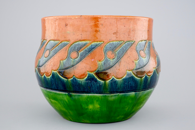 An art nouveau jardiniere, Flemish pottery, early 20th C.