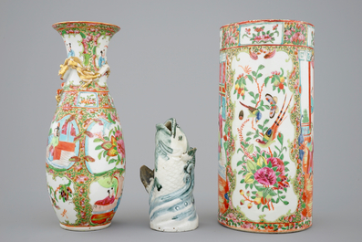 Two Chinese Canton rose medallion vases and a Japanese blue and white Arita model of a fish, 19th C.