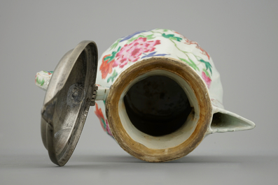 A Chinese famille rose jug with pewter mount, 18th C.