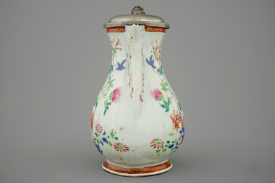 A Chinese famille rose jug with pewter mount, 18th C.