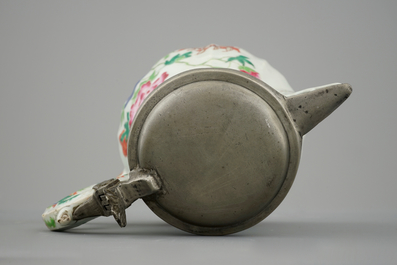 A Chinese famille rose jug with pewter mount, 18th C.
