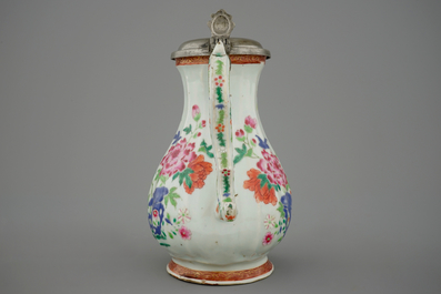 A Chinese famille rose jug with pewter mount, 18th C.