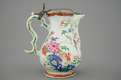 A Chinese famille rose jug with pewter mount, 18th C.