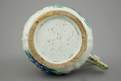 A Chinese famille rose jug with pewter mount, 18th C.