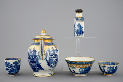 A Chinese blue, white and gilt part tea service with landscapes, Qianlong, 18th C.