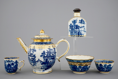 A Chinese blue, white and gilt part tea service with landscapes, Qianlong, 18th C.