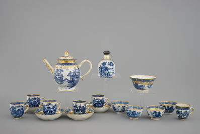A Chinese blue, white and gilt part tea service with landscapes, Qianlong, 18th C.