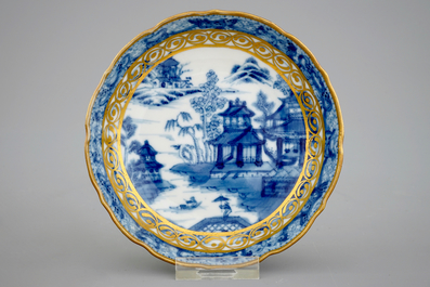 A Chinese blue, white and gilt part tea service with landscapes, Qianlong, 18th C.