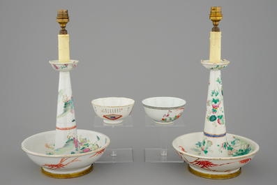 Two Chinese famille rose bowls and two candlesticks, 19th C.