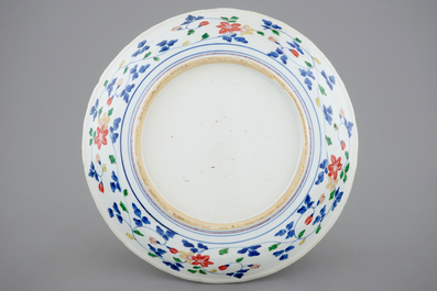 A large Chinese famille verte dish with a flower basket, Kangxi