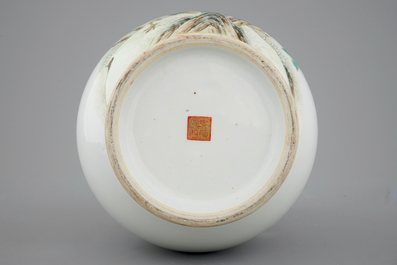 A Chinese Republic famille rose vase with a peacock, 20th C.