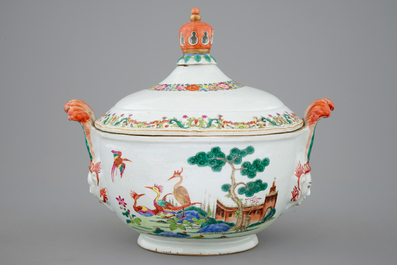 A Chinese famille rose export tureen and cover on stand, Qianlong, 18th C.