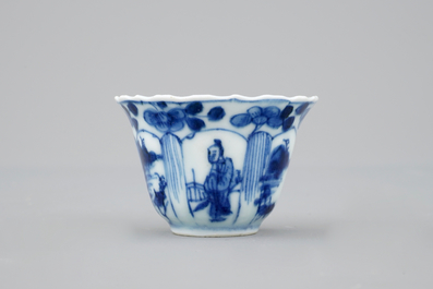 Een set van zes Chinese blauw-witte kopjes en schoteltjes, Kangxi