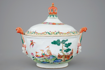 A Chinese famille rose export tureen and cover on stand, Qianlong, 18th C.