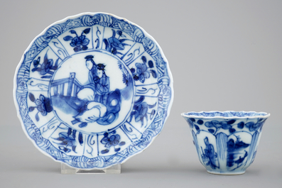 Een set van zes Chinese blauw-witte kopjes en schoteltjes, Kangxi