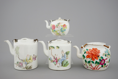 Four Chinese famille rose teapots, 19/20th C