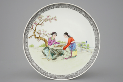 Five Chinese famille rose vases and a dish, Republic, 20th C.