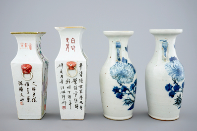 Four Chinese qianjiang cai and blue and white vases, 19/20th C.