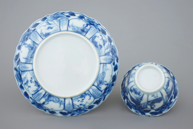 A collection of 9 Chinese blue and white cups and saucers, Kangxi