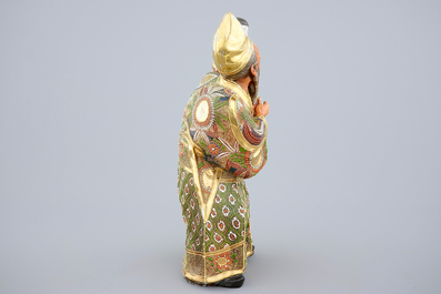 A Japanese enameled brass Ando Jubei box with cover and a large Satsuma figure, 19th C.