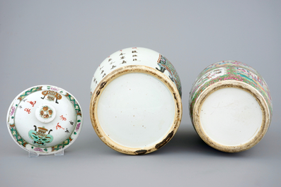 A Chinese famille rose vase with cover and a Canton rose medallion vase, 19th C.
