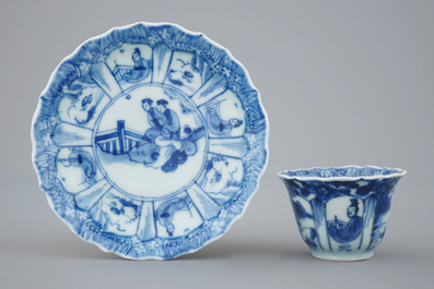 A collection of 9 Chinese blue and white cups and saucers, Kangxi