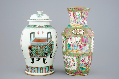 A Chinese famille rose vase with cover and a Canton rose medallion vase, 19th C.