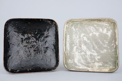 A Japanese enameled brass Ando Jubei box with cover and a large Satsuma figure, 19th C.