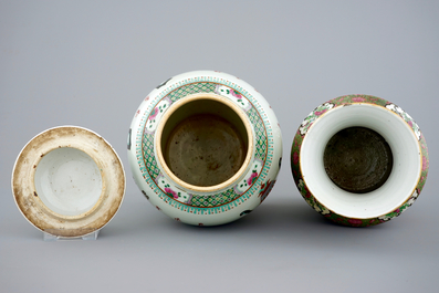 A Chinese famille rose vase with cover and a Canton rose medallion vase, 19th C.