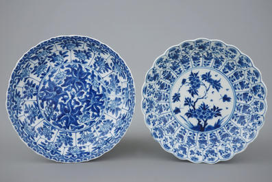 Three Chinese blue and white plates and a lotus shaped cup and saucer, Kangxi