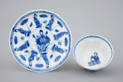 A collection of 9 Chinese blue and white cups and saucers, Kangxi