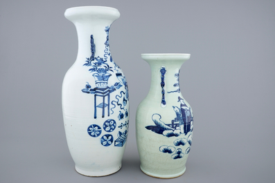 Twee Chinese vazen in blauw-wit op celadon fond, 19e eeuw