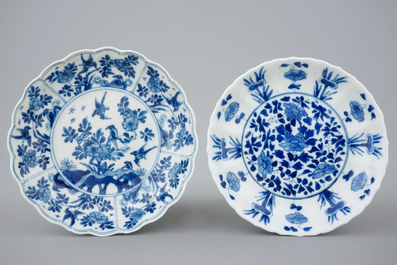 Three Chinese blue and white plates and a lotus shaped cup and saucer, Kangxi