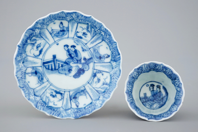 A collection of 9 Chinese blue and white cups and saucers, Kangxi