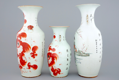 Two Chinese vases with foo dogs and a vase with ladies in a garden, 19/20th C.