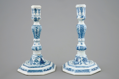 A pair of Chinese blue and white candlesticks, Qianlong, 18th C.