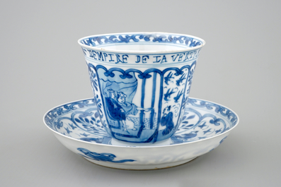 A rare Chinese blue and white Kangxi cup and saucer with French text, Kangxi