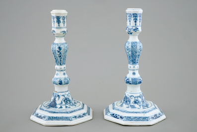 A pair of Chinese blue and white candlesticks, Qianlong, 18th C.